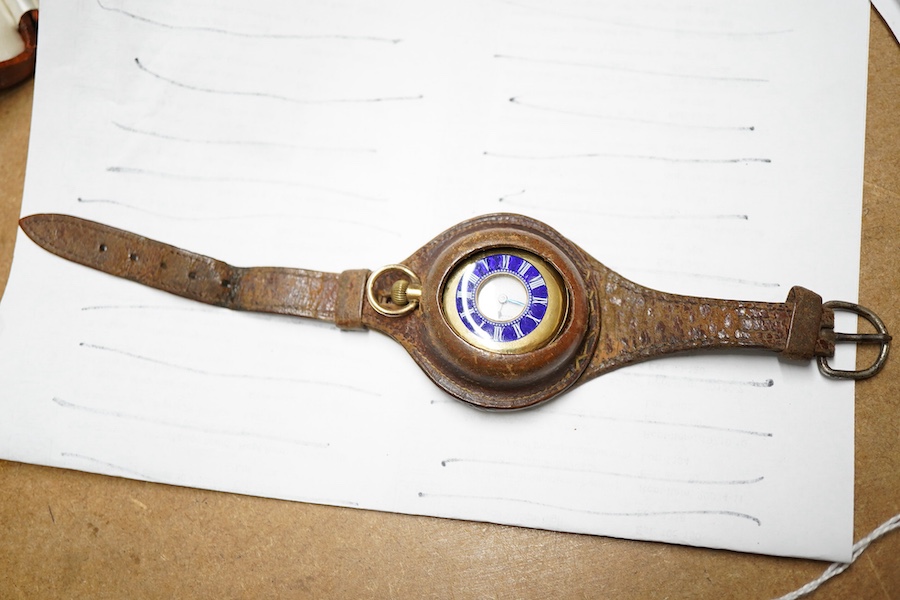 An early 20th century Swiss 18k and blue enamel half hunter keyless fob watch, with Roman chapter ring and dial, the movement signed 'Riverside', case diameter 35mm, gross weight 34 grams, now mounted in a leather watch